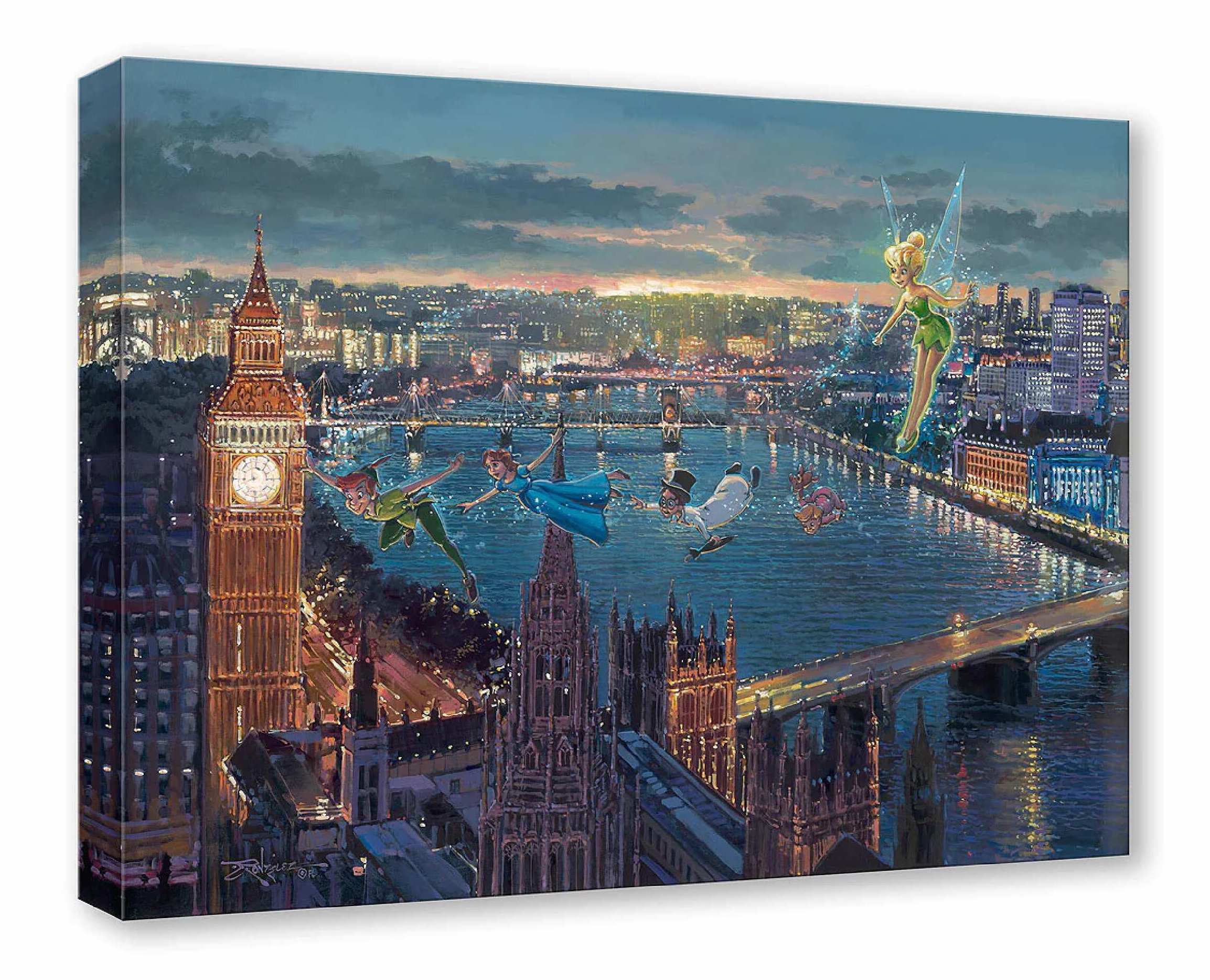 Peter Pan, Wendy, Tinker Bell, and the children as they soar over the rooftops of London Gallery Wrapped Canvas