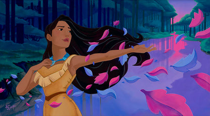 Animated character with flowing hair and a yellow dress in a mystical forest setting