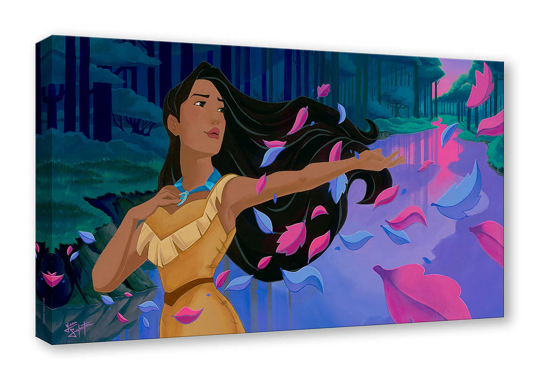 Canvas print of a stylized depiction of a character with long hair and a yellow dress, set against a colorful forest background.