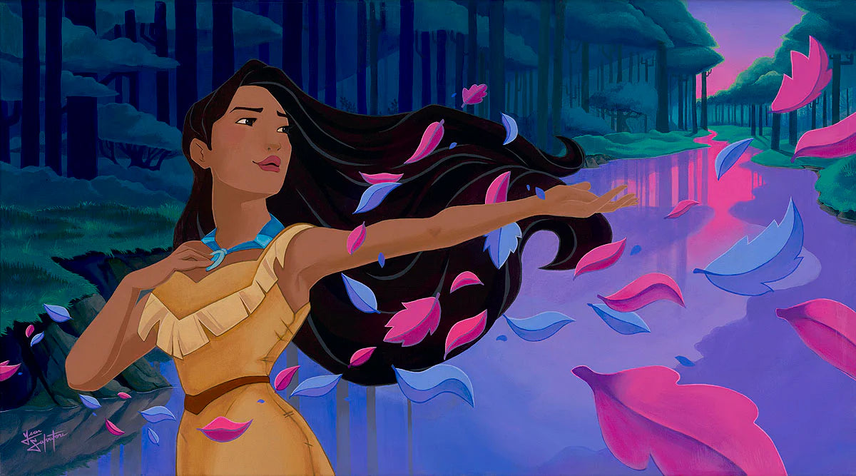 Animated character with flowing hair and a yellow dress in a mystical forest setting