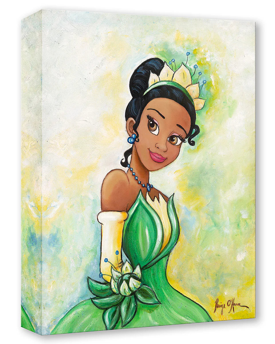 Canvas print of a princess in a green dress with a yellow background