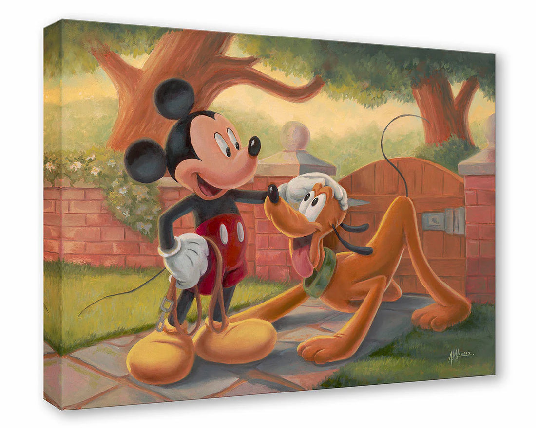 Canvas print of Mickey Mouse and Pluto in a park setting with trees and a brick building.