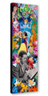 A tall, narrow canvas wall art print featuring a colorful collage of Disney characters and a black-and-white portrait of Walt Disney seated at the bottom, shown against a plain white background.
