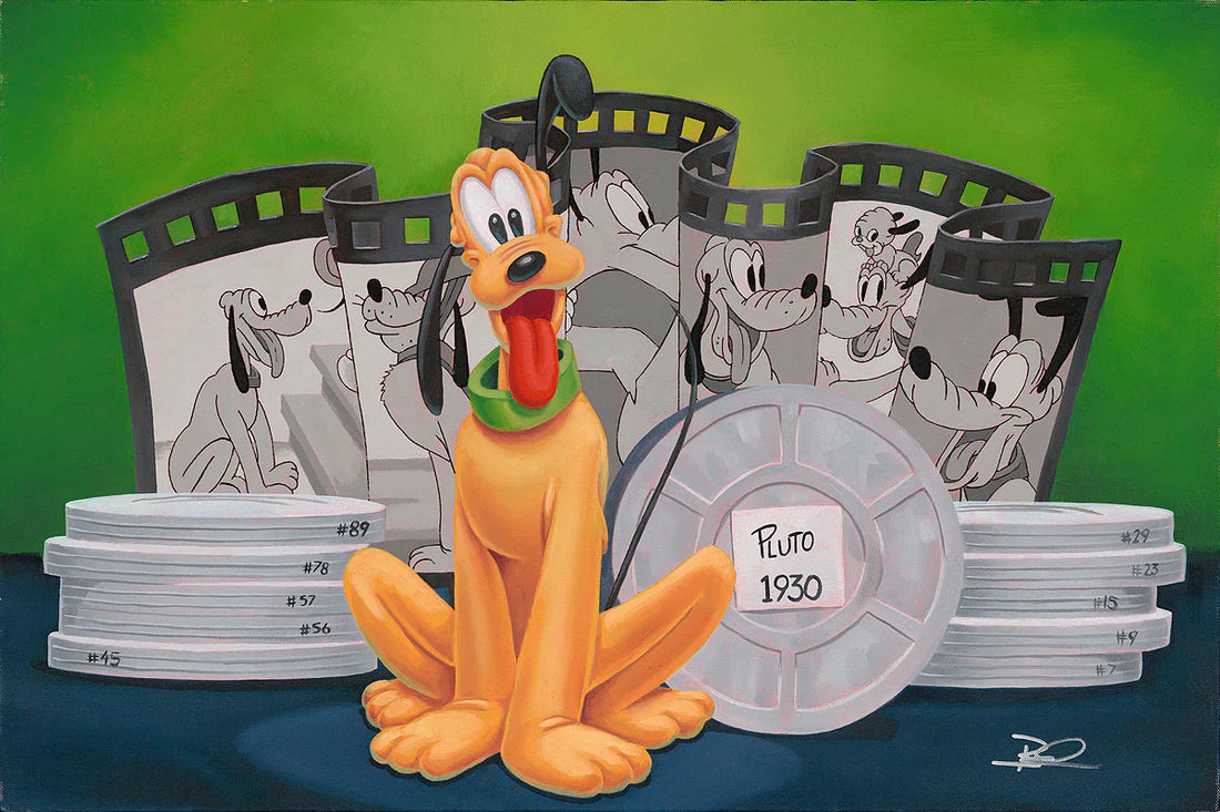 Cartoon dog figure with film reels and movie clippings on a green background