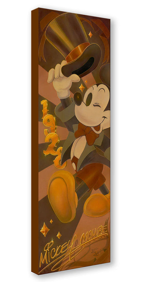 Vintage-style Mickey Mouse poster with top hat and bow tie on a brown background