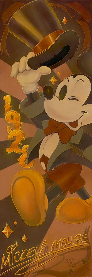 Vintage-style illustration of a character tipping a top hat with 'Mickey Mouse' text.