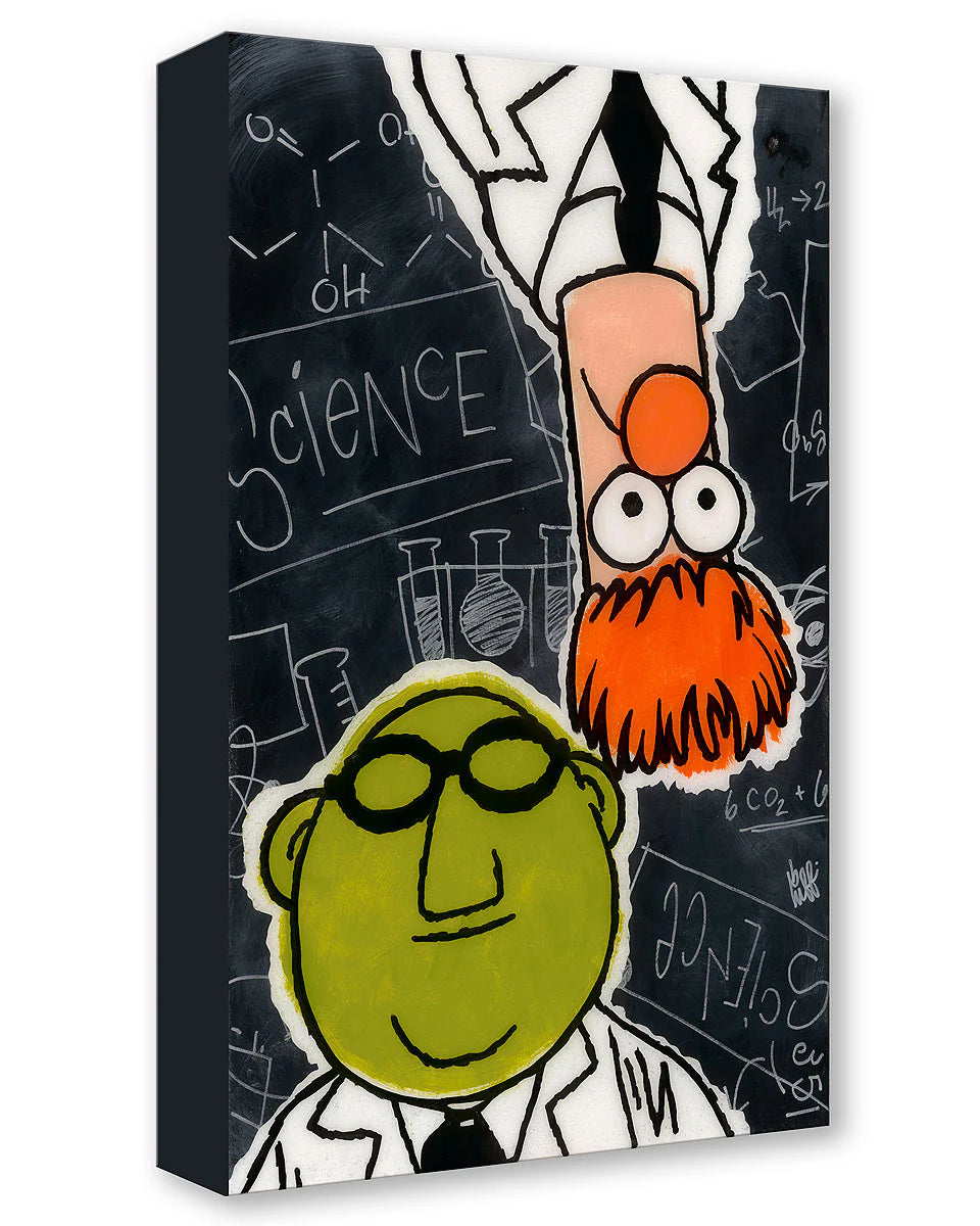 Cartoon character with a green head and orange hair on a box with scientific drawings