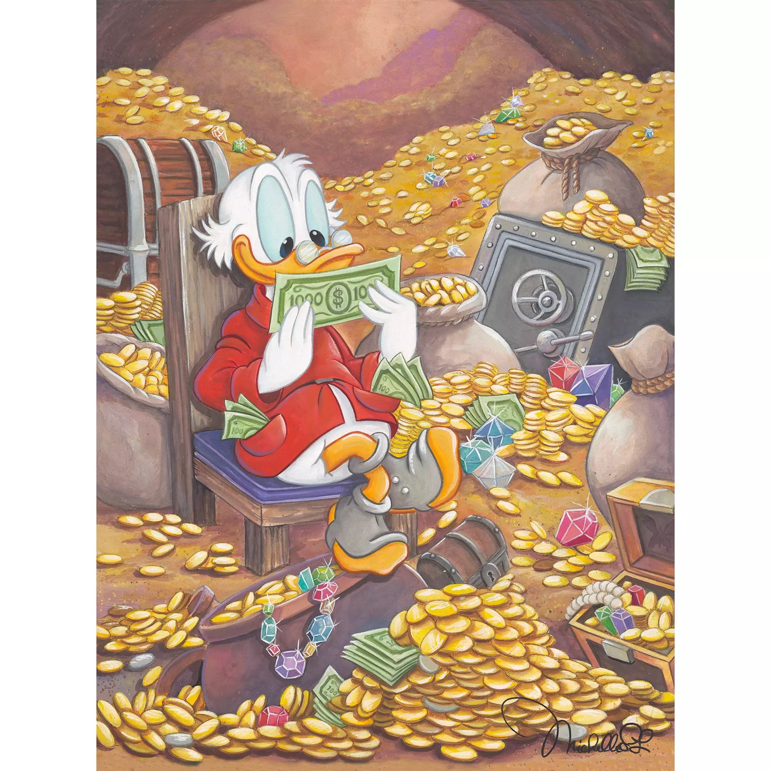 Scrooge admiring his money.