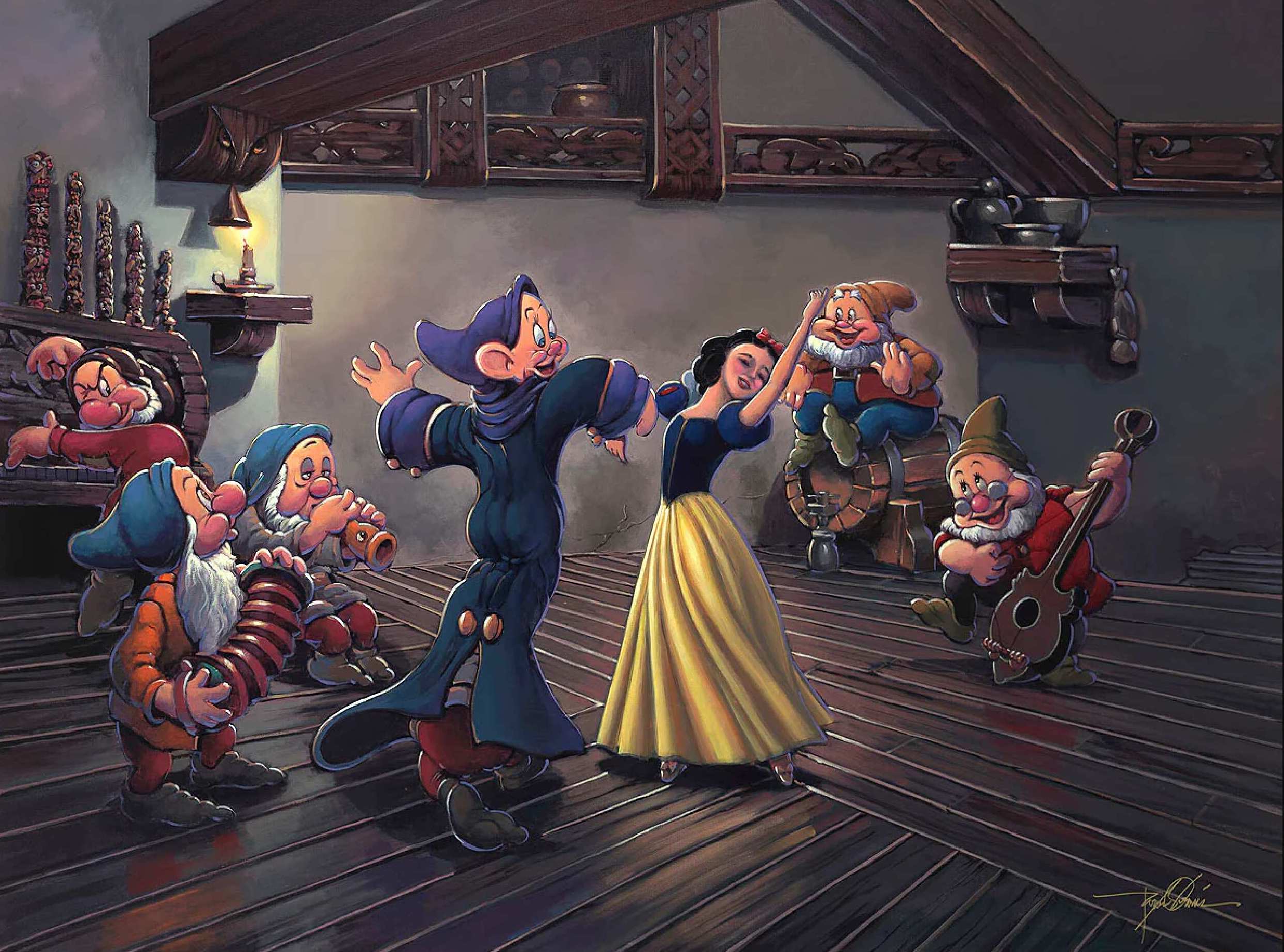 Snow White and her charming companions as they fill their cozy cottage with joy, music, and laughter as they dance around the room.