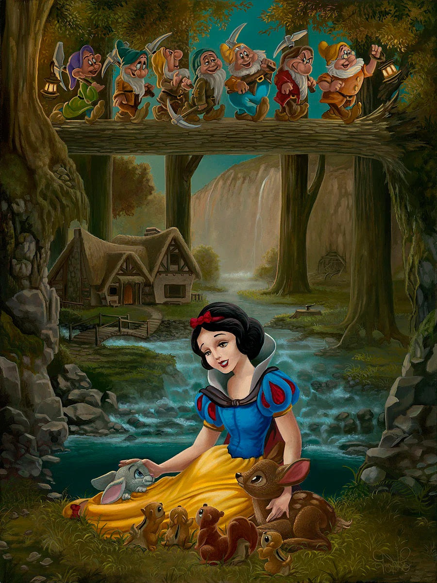 Snow sitting in the forest with with her furry friends.