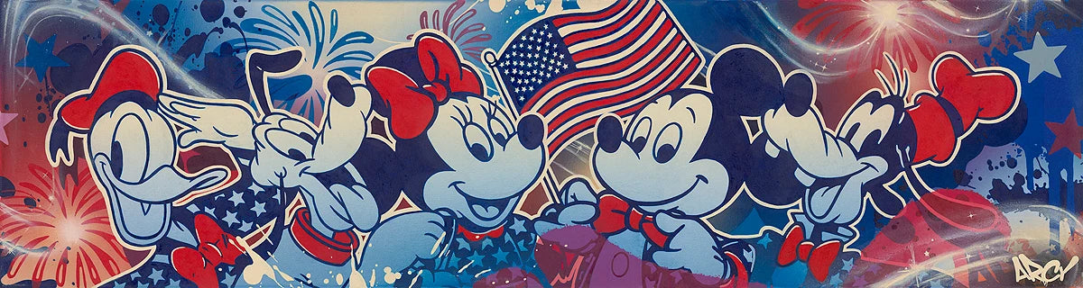 A colorful pop-art style illustration featuring Mickey Mouse, Minnie Mouse, and Donald Duck celebrating with an American flag and fireworks. The artwork uses a patriotic color palette of red, white, blue, and black, with a visible signature in the bottom right corner.