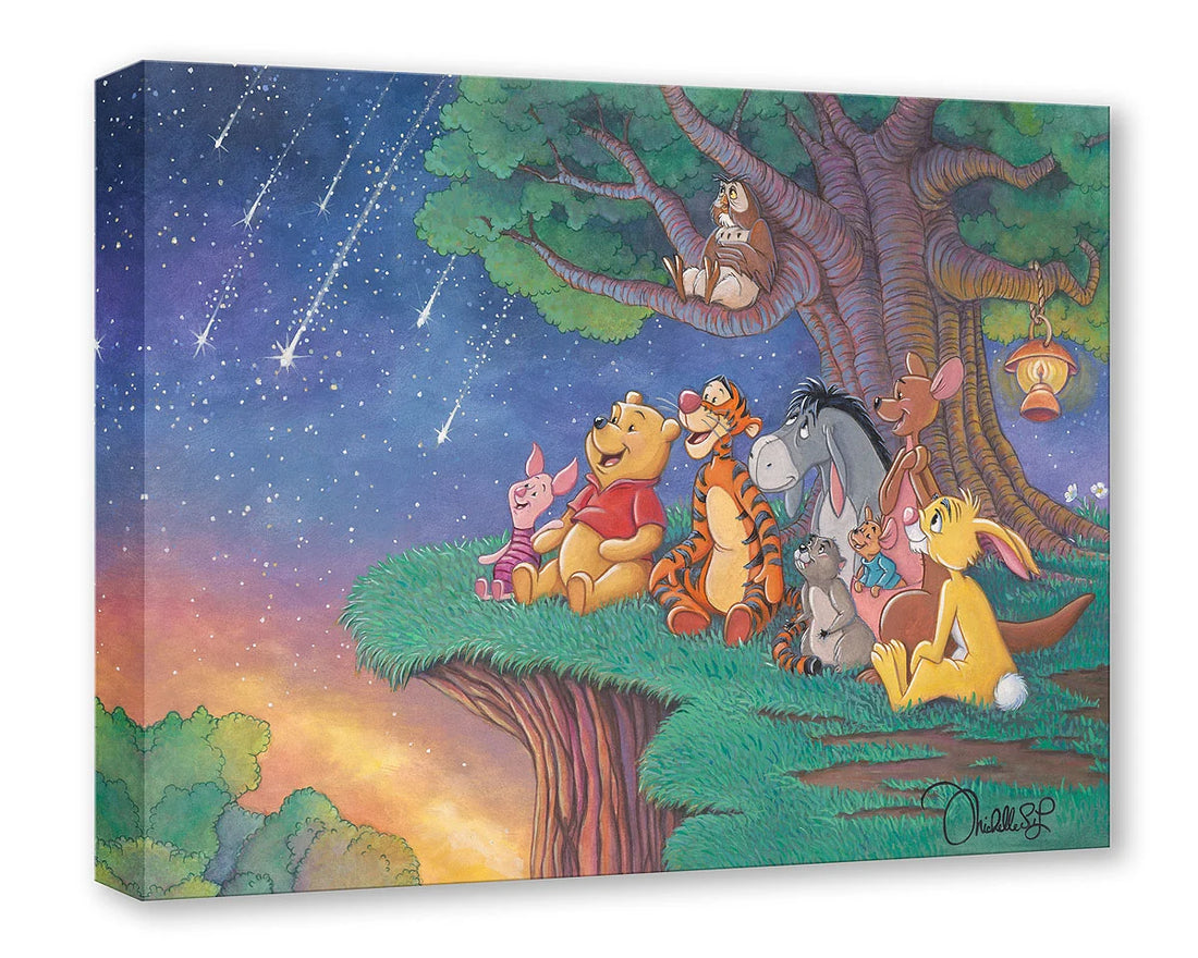 A square canvas wall art print featuring Winnie the Pooh and his friends sitting on a tree stump under a starry night sky with shooting stars. The canvas is shown at an angle with its side depth visible against a plain white background.