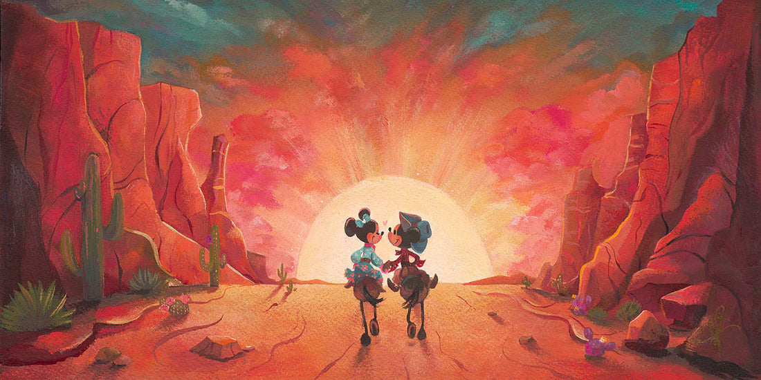 Two animated characters in a desert landscape with a large sun and red rocks.