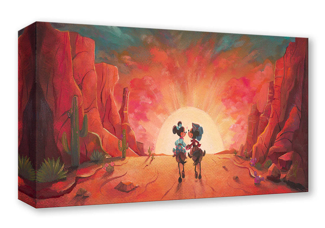 Canvas print of two characters riding a horse in a desert landscape with red rock formations and a large sun.