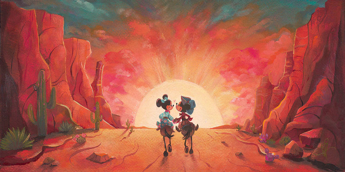 Two animated characters in a desert landscape with a large sun and red rocks.