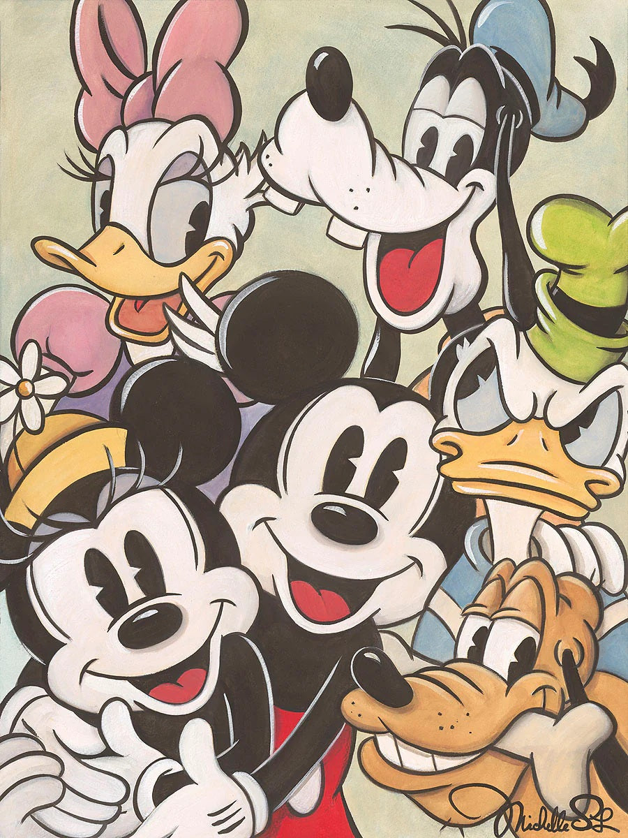 Mickey, Minnie, Daisy, Donald and Pluto pose for a photo.