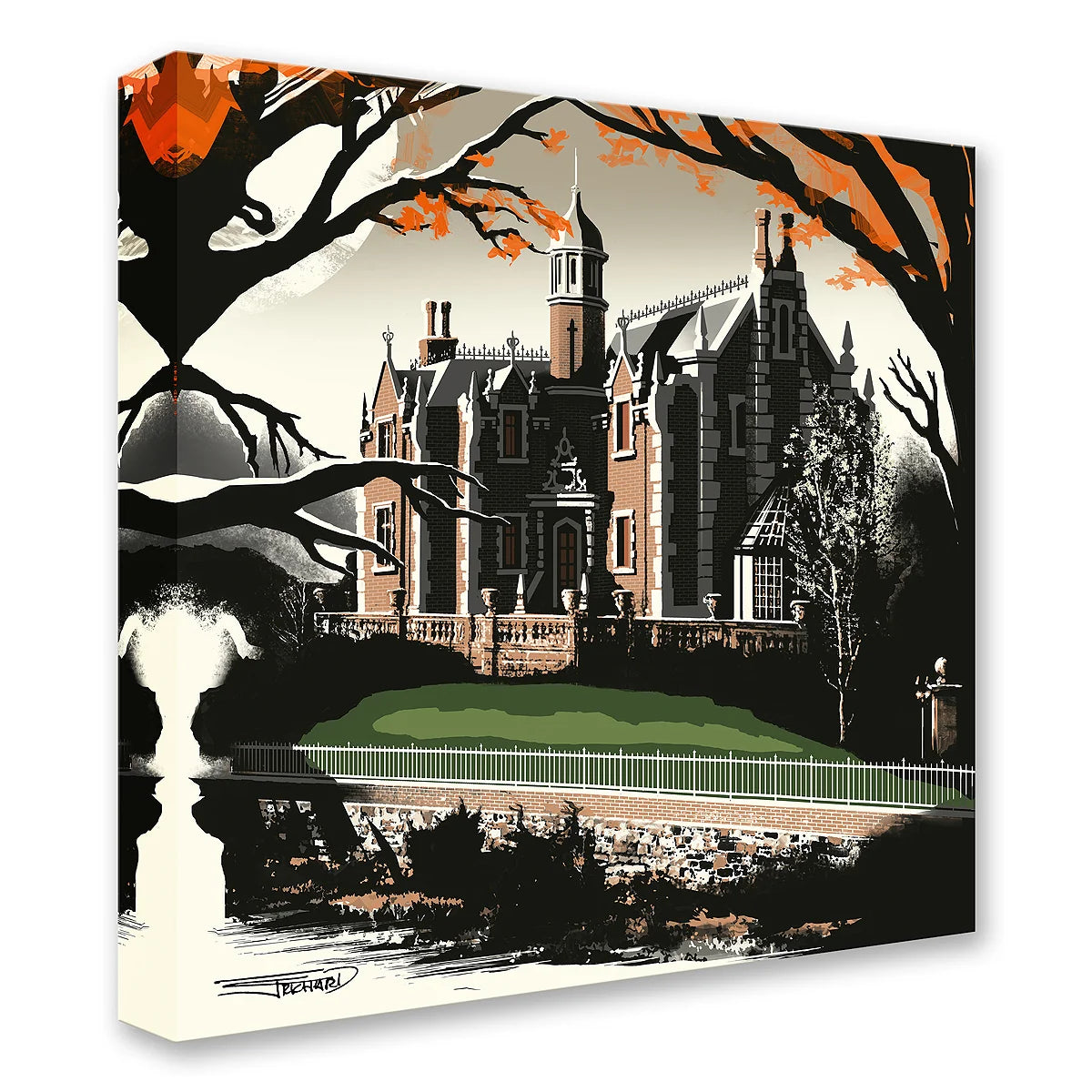 A large historic manor house with towers and chimneys, surrounded by trees with orange autumn leaves, a green lawn, a stone wall, and a white fence.
