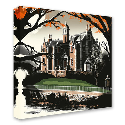 A large historic manor house with towers and chimneys, surrounded by trees with orange autumn leaves, a green lawn, a stone wall, and a white fence.