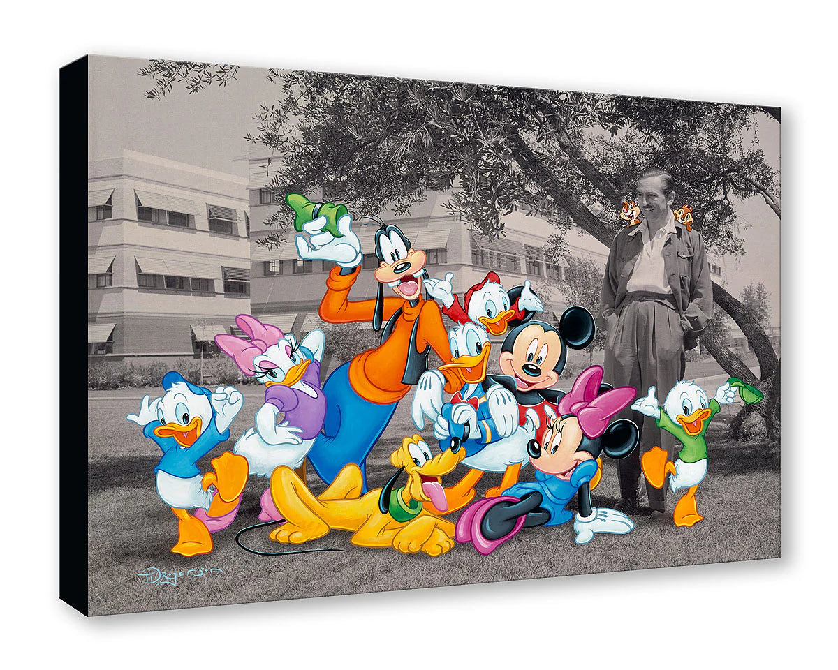 Canvas print with animated characters in a park setting, featuring a black and white photo of a man in the background.
