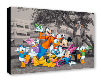 Canvas print with animated characters in a park setting, featuring a black and white photo of a man in the background.