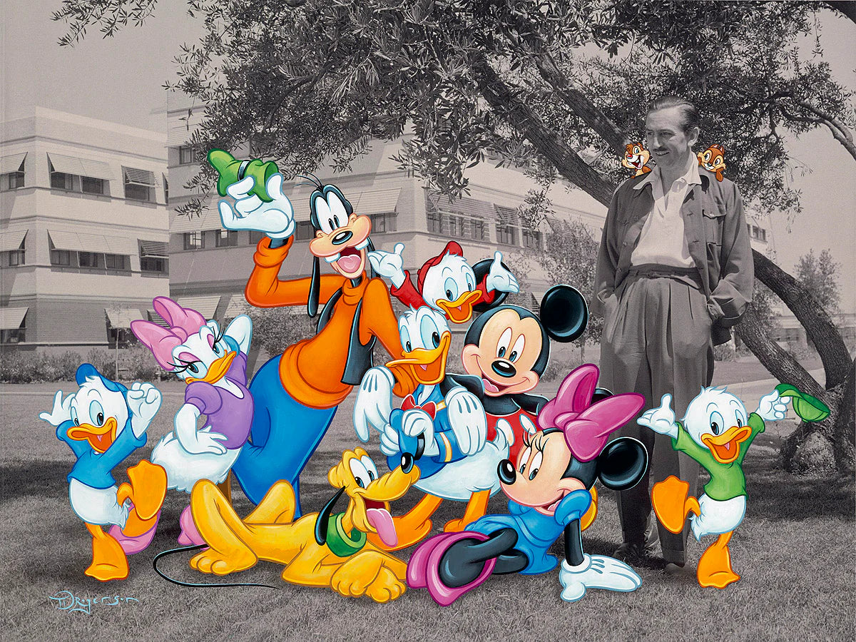 Cartoon characters in a park with a real person standing among them.