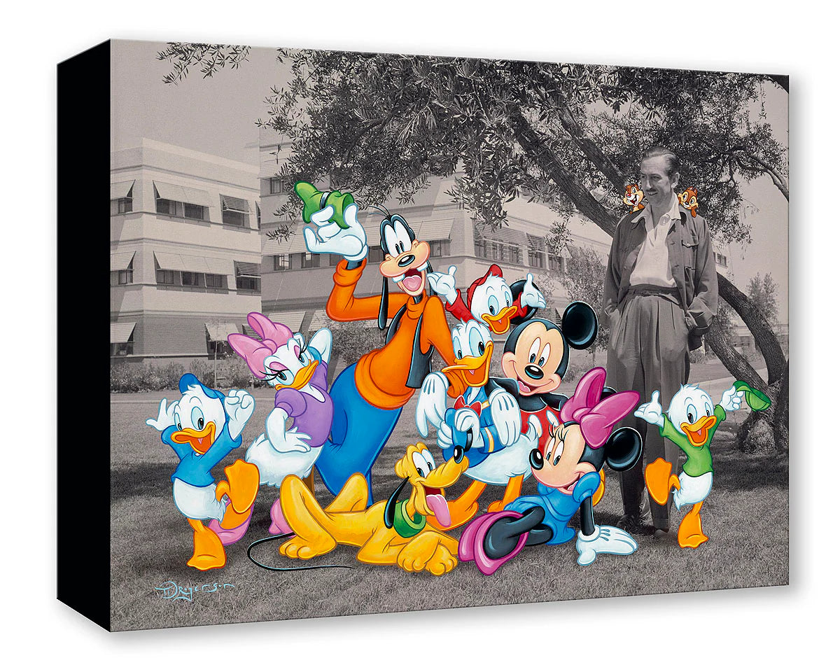 Cartoon characters in front of a black and white photo of a building and people.