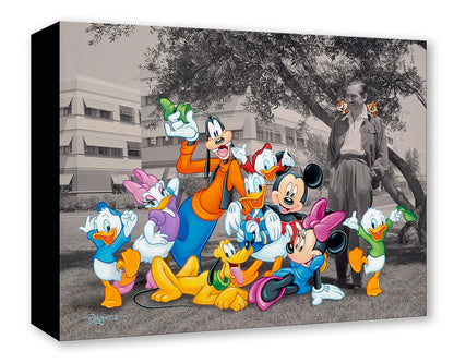 Cartoon characters in front of a black and white photo of a building and people.
