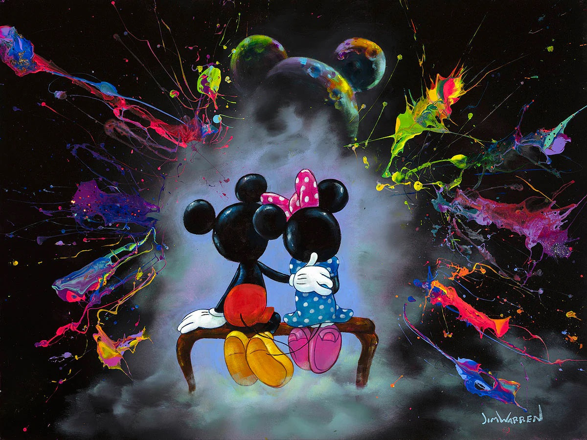 Mickey and Minnie sitting together looking out into a colorful space