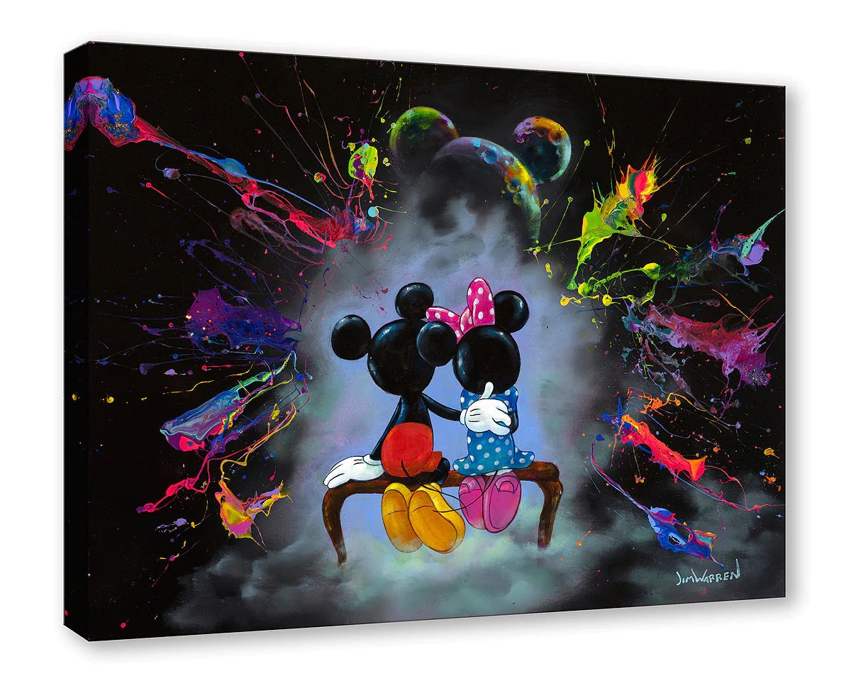 Mickey and Minnie sitting together looking out into a colorful space