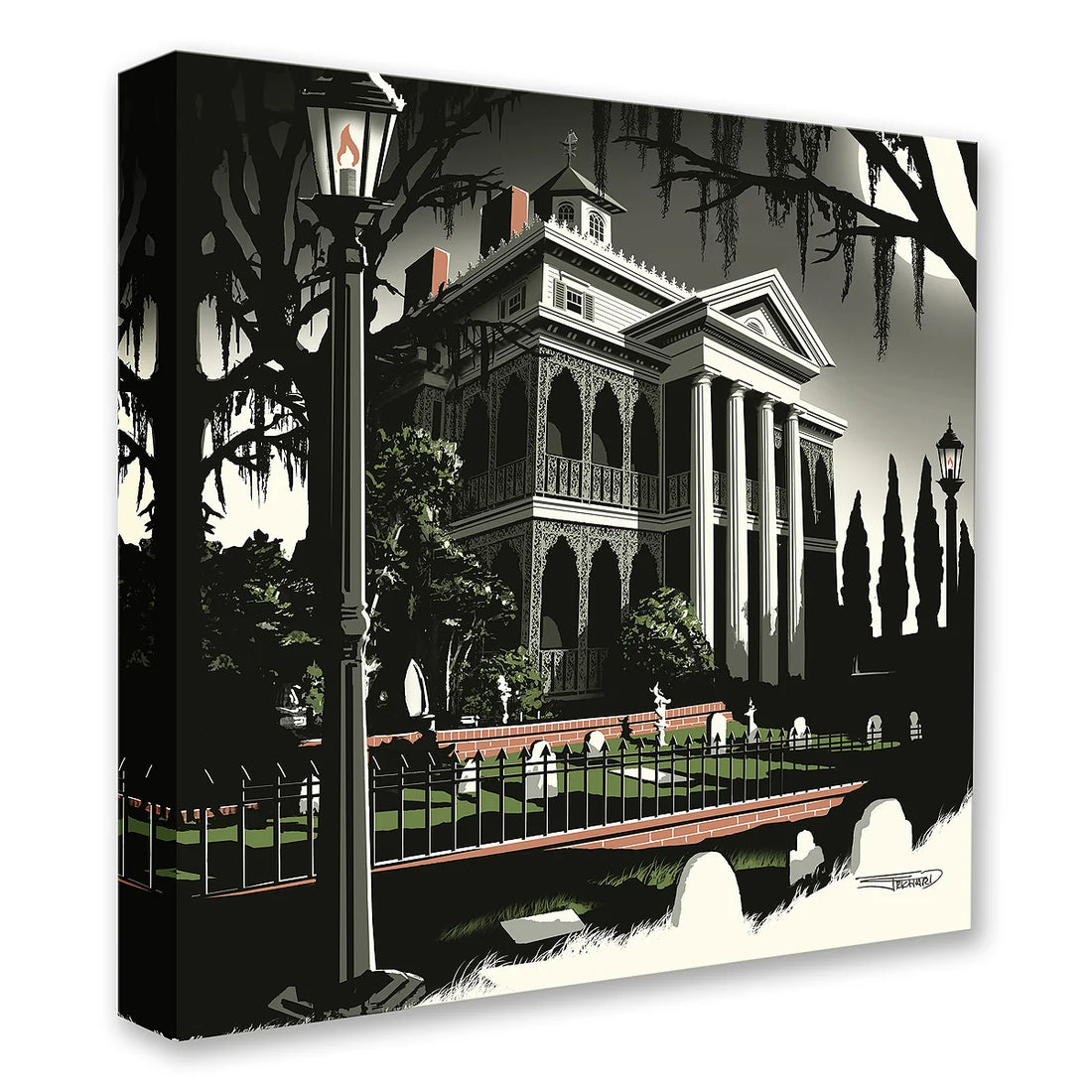 A large historic manor house surrounded by trees, a tombstone burial ground, and wrought-iron fencing and two large lampposts.&amp;nbsp;