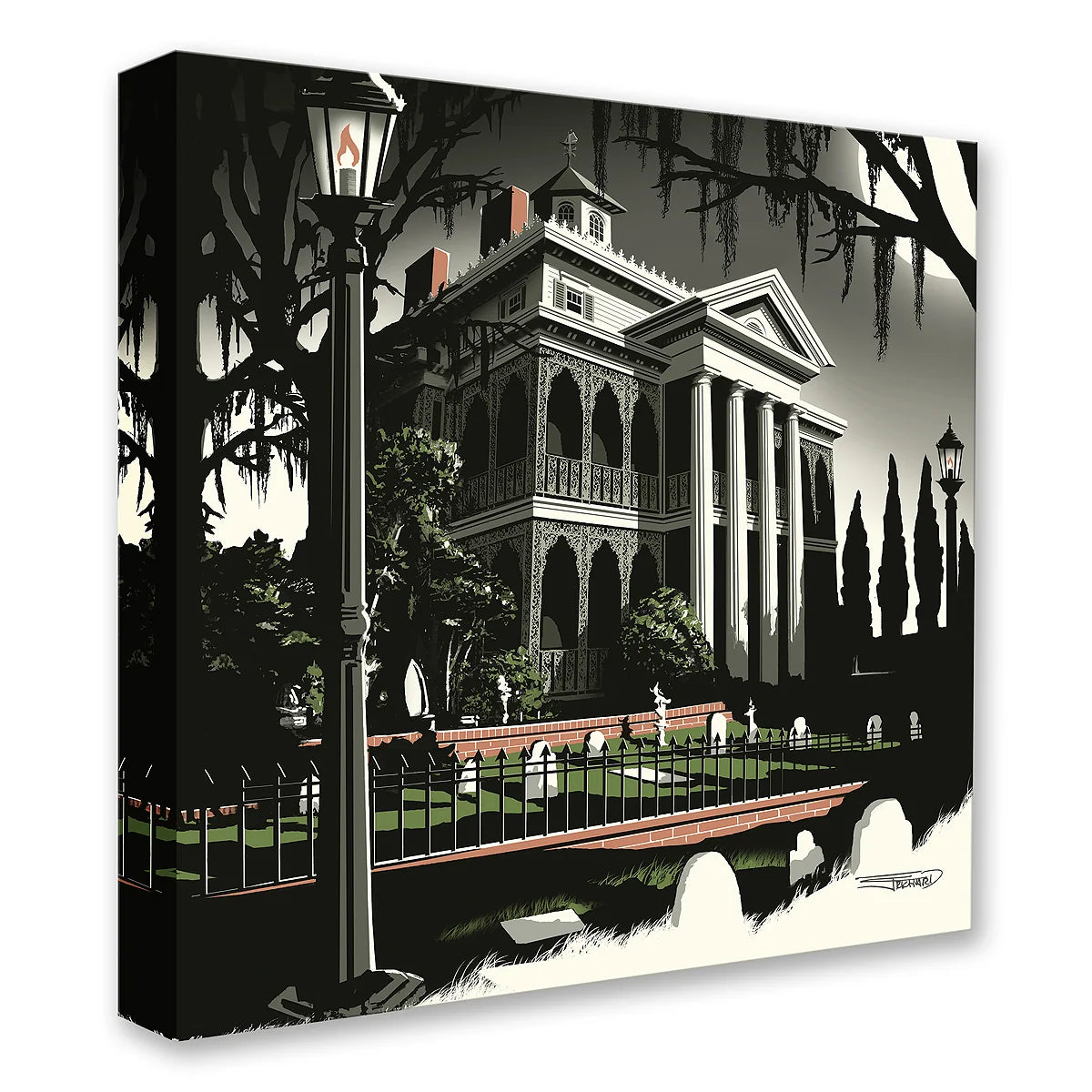 A large historic manor house surrounded by trees, a tombstone burial ground, and wrought-iron fencing and two large lampposts.&amp;nbsp;