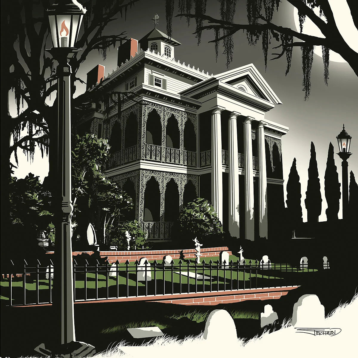 A large historic manor house surrounded by trees, a tombstone burial ground, and wrought-iron fencing and two large lampposts.&amp;nbsp;