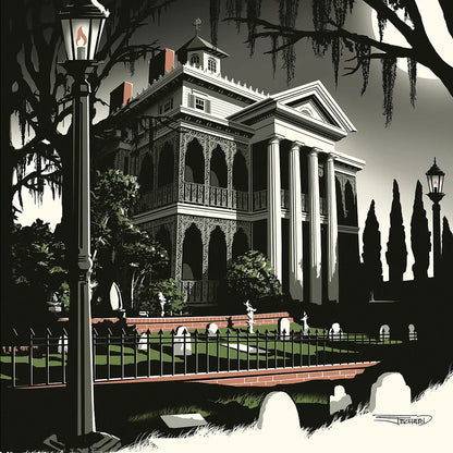 A large historic manor house surrounded by trees, a tombstone burial ground, and wrought-iron fencing and two large lampposts.&amp;nbsp;
