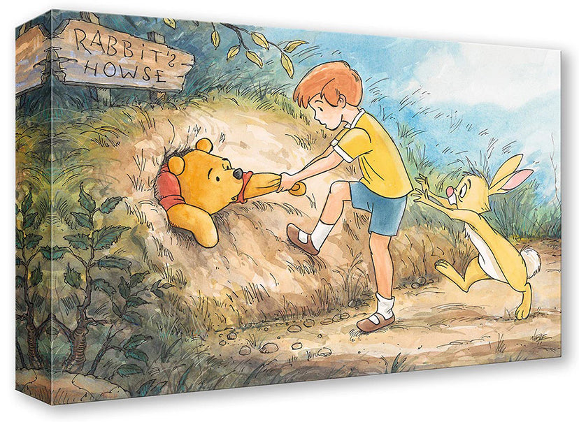 Artwork inspired by Walt Disney's classic film characters- Winnie the Pooh, Rabbit, and Christopher Robin.
