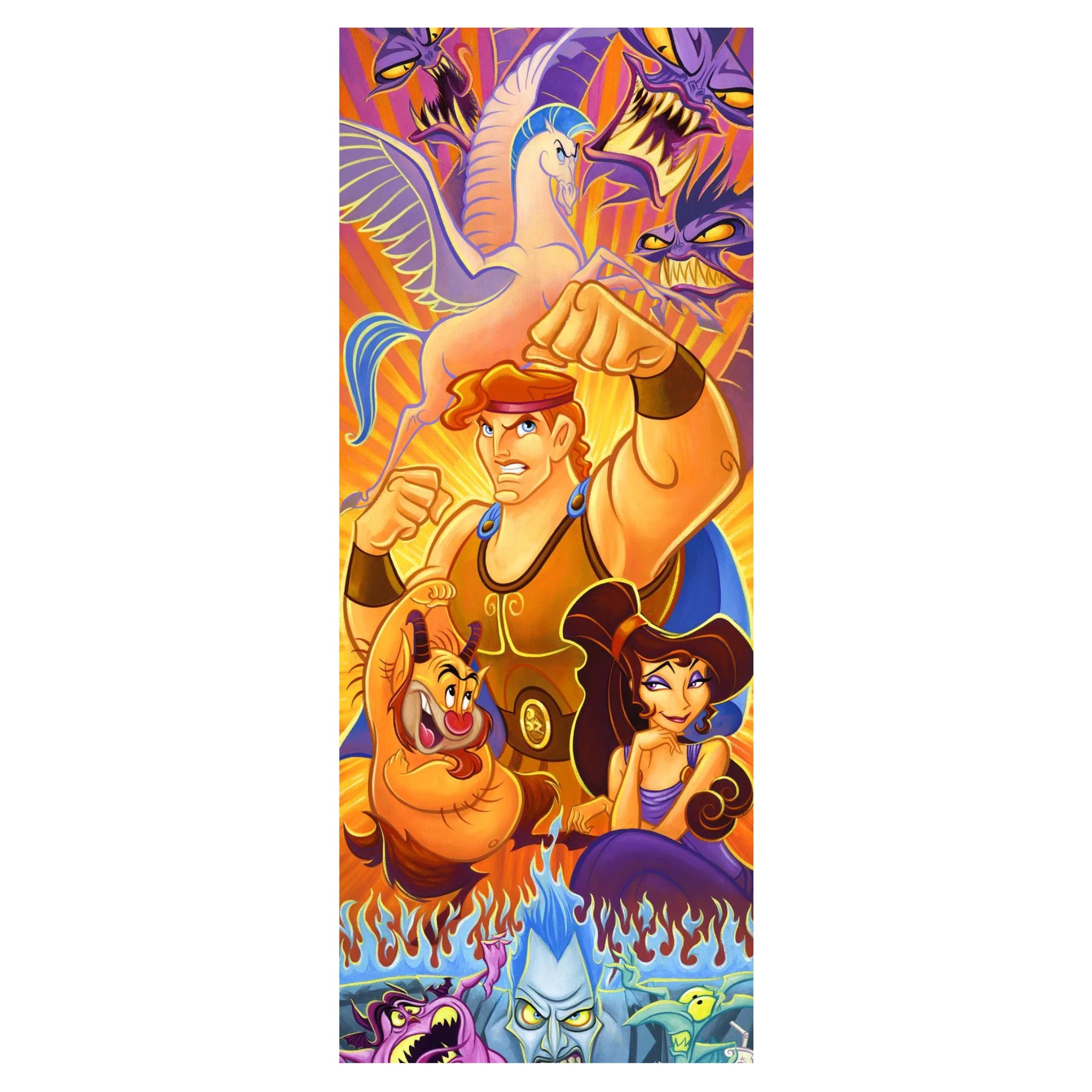 Featuring all of the iconic characters from the animated film Hercules in a vibrant light, including Hercules, Megara, Hades, and more.