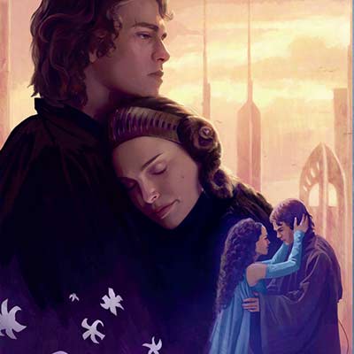 Features the young Anakin Skywalker and Senator Padme Amidala embracing.
