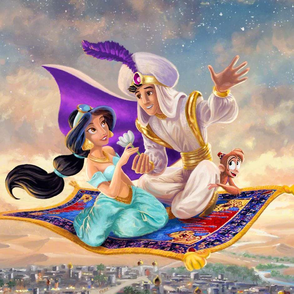 Aladdin and Jasmine soar above Agrabah on a magic carpet ride- closeup,