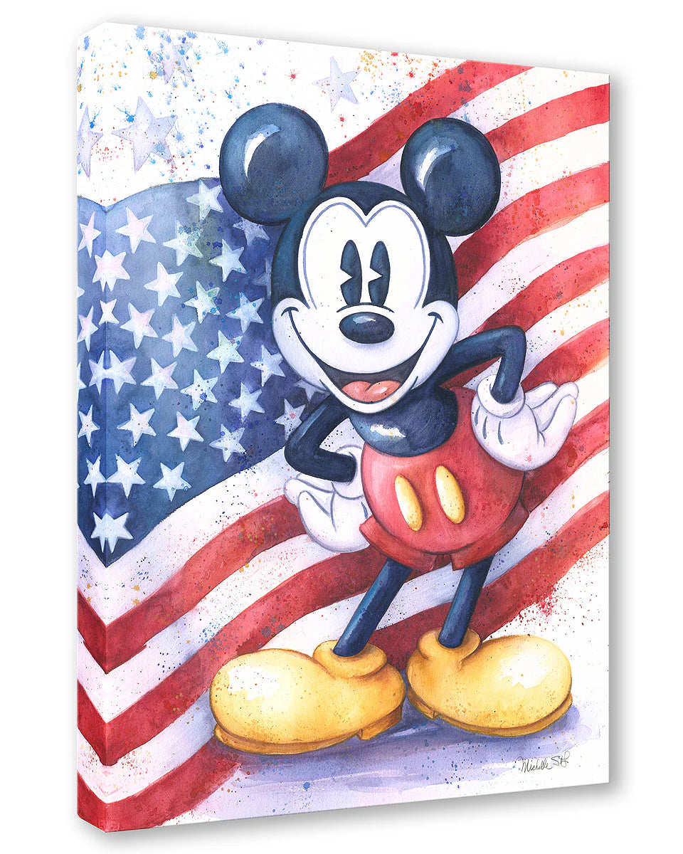 Mickey Mouse posing in front of the America Flag