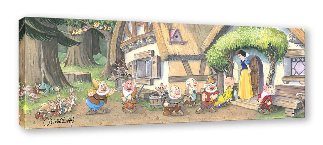 The Seven Dwarfs line up, for their kiss from Snow White.