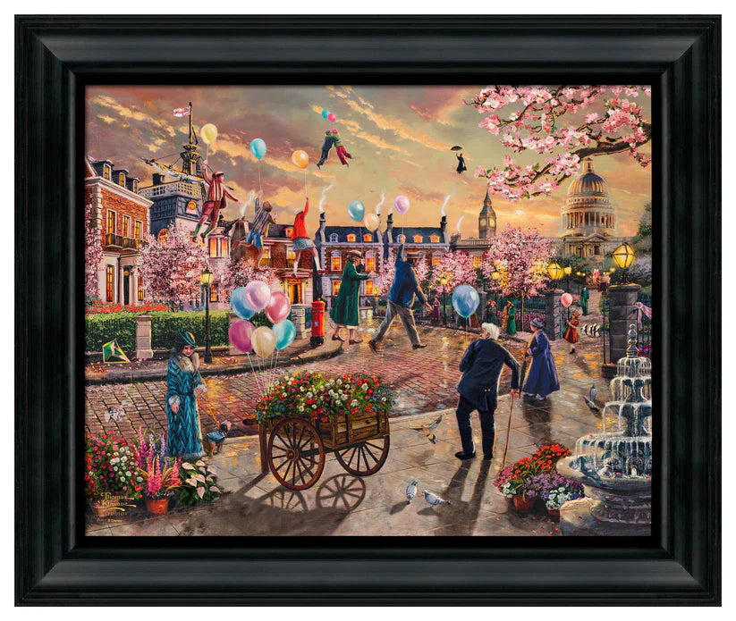 Mary Poppins at a distance, slowly moves towards the setting sun, in the busy London Square.