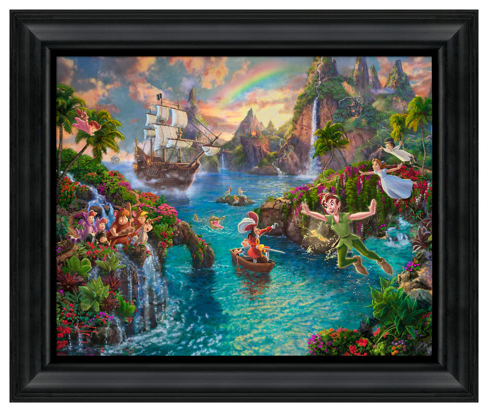 Captain Hook and Mr. Smee face Peter Pan while the Crocodile happily hopes for his next meal. In the background sits the Jolly Roger, Hook&