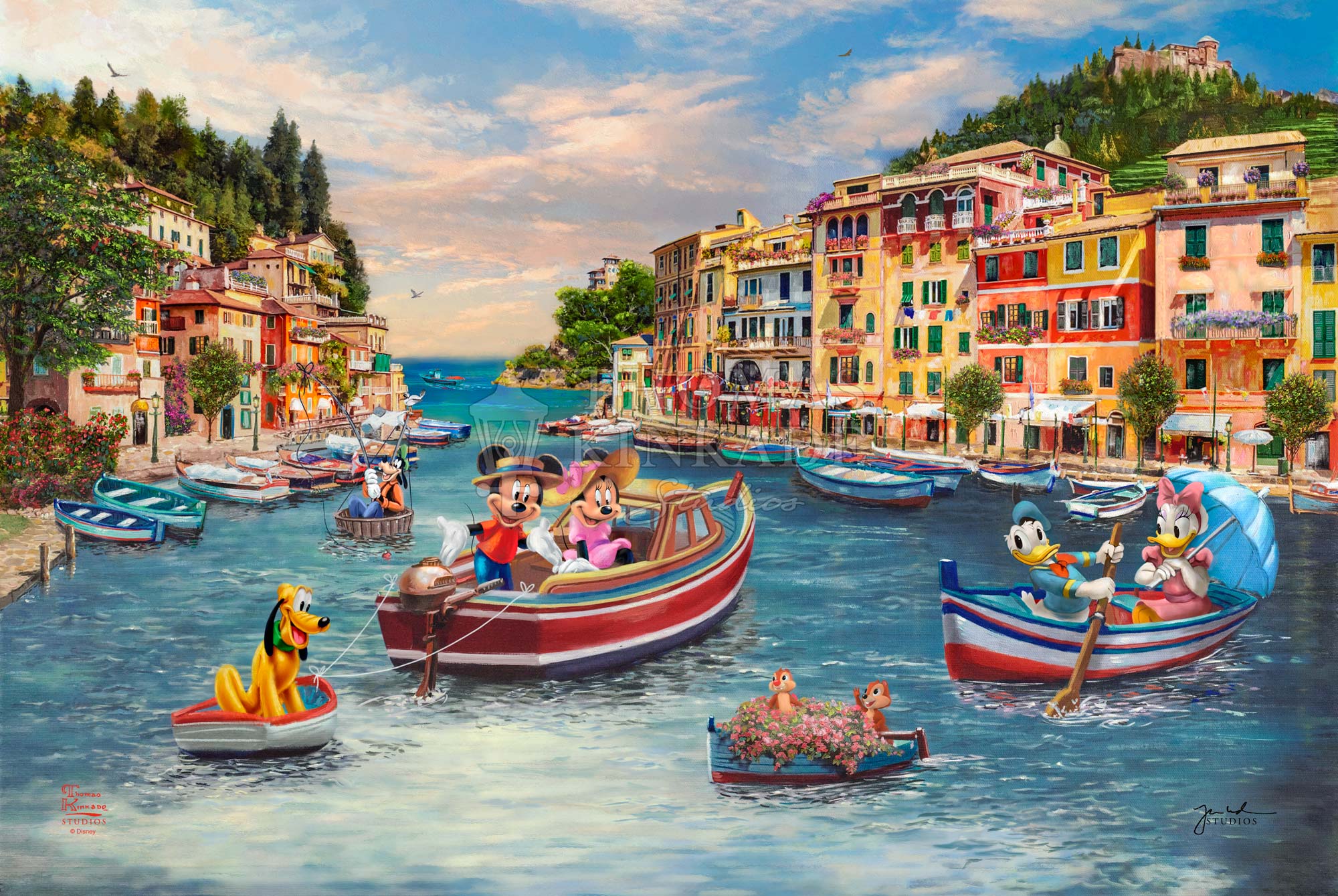 Mickey Mouse, Minnie Mouse, and their friends are enjoying their time boating on the canals heading to the Mediterranean Sea. - Unframed Canvas