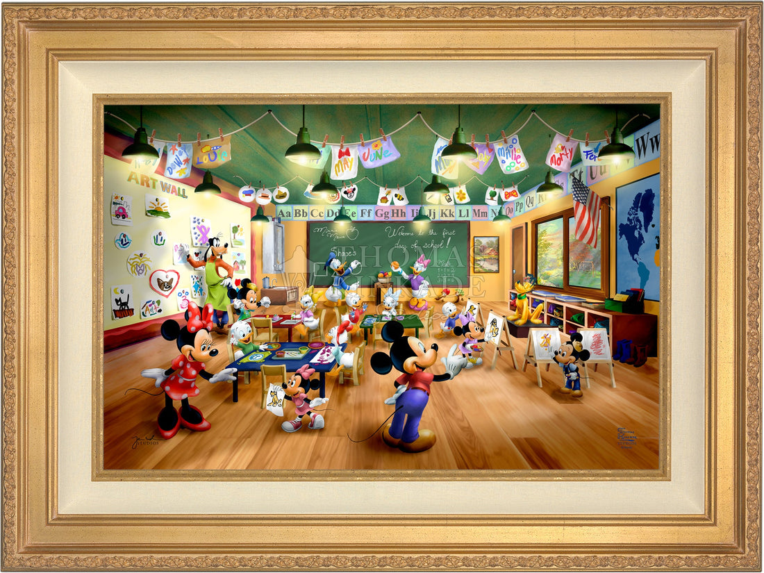 Antique Gold - Illustration of cartoon characters in a classroom setting with educational decorations.