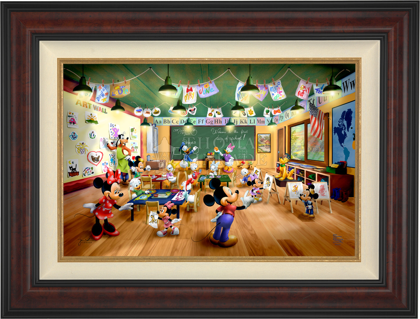 Burl Frame- Illustration of Mickey Mouse and friends in a classroom setting with educational decorations.