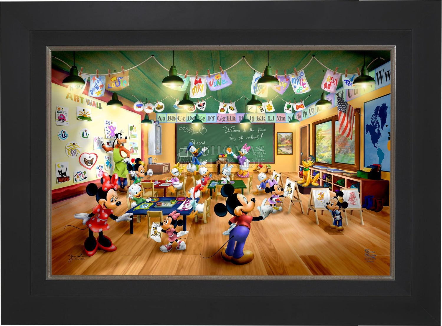 City Black - Illustration of Mickey Mouse and friends in a classroom setting with educational decor.
