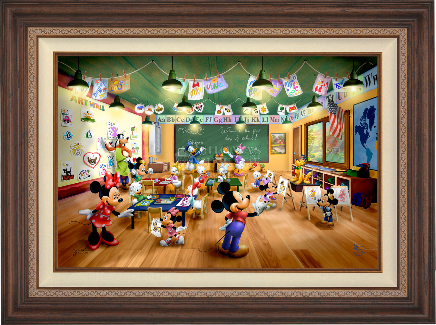 Dark Walnut - Illustration of Mickey Mouse in a classroom setting with educational decorations.