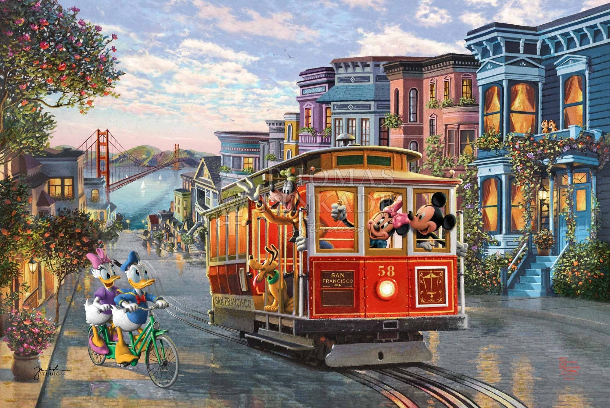 Mickey Mouse, Minnie Mouse, Goofy, and Pluto are enjoying a classic San Francisco cable car ride. - Unframed