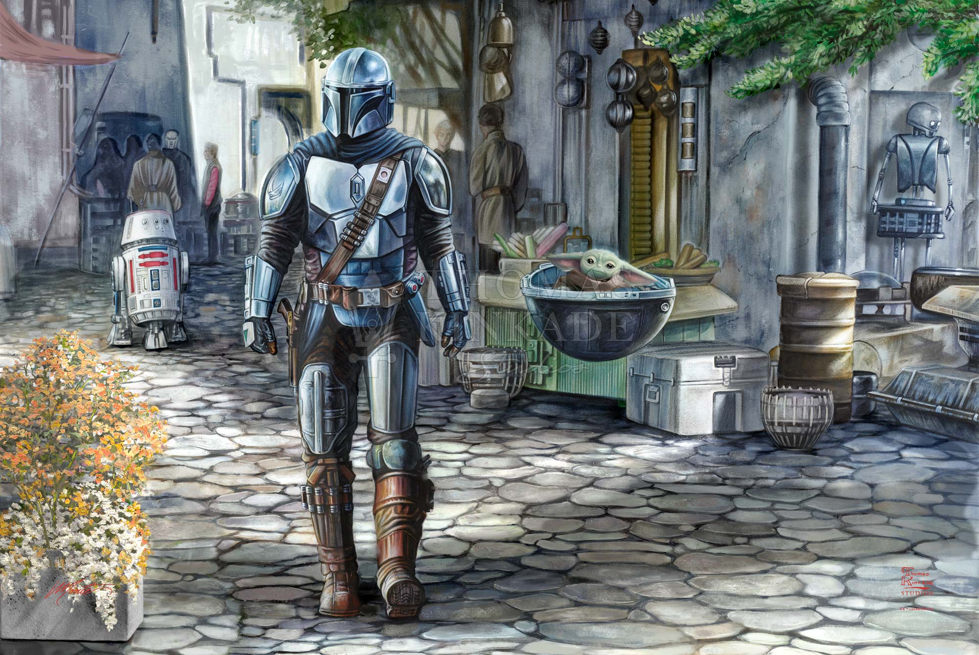 The Mandalorian and Grogu walk through the streets of Navarro. Unframed