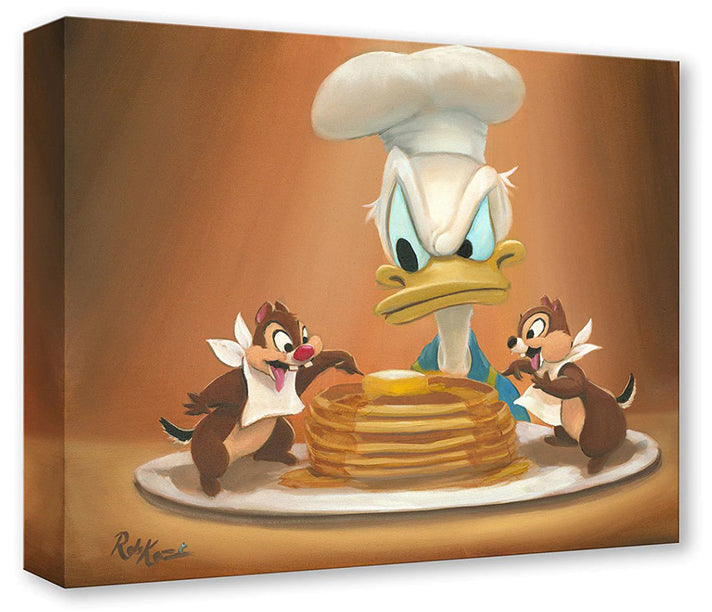 Donald Duck stand watch as Chip and Dale get ready to eat the stack of pancakes