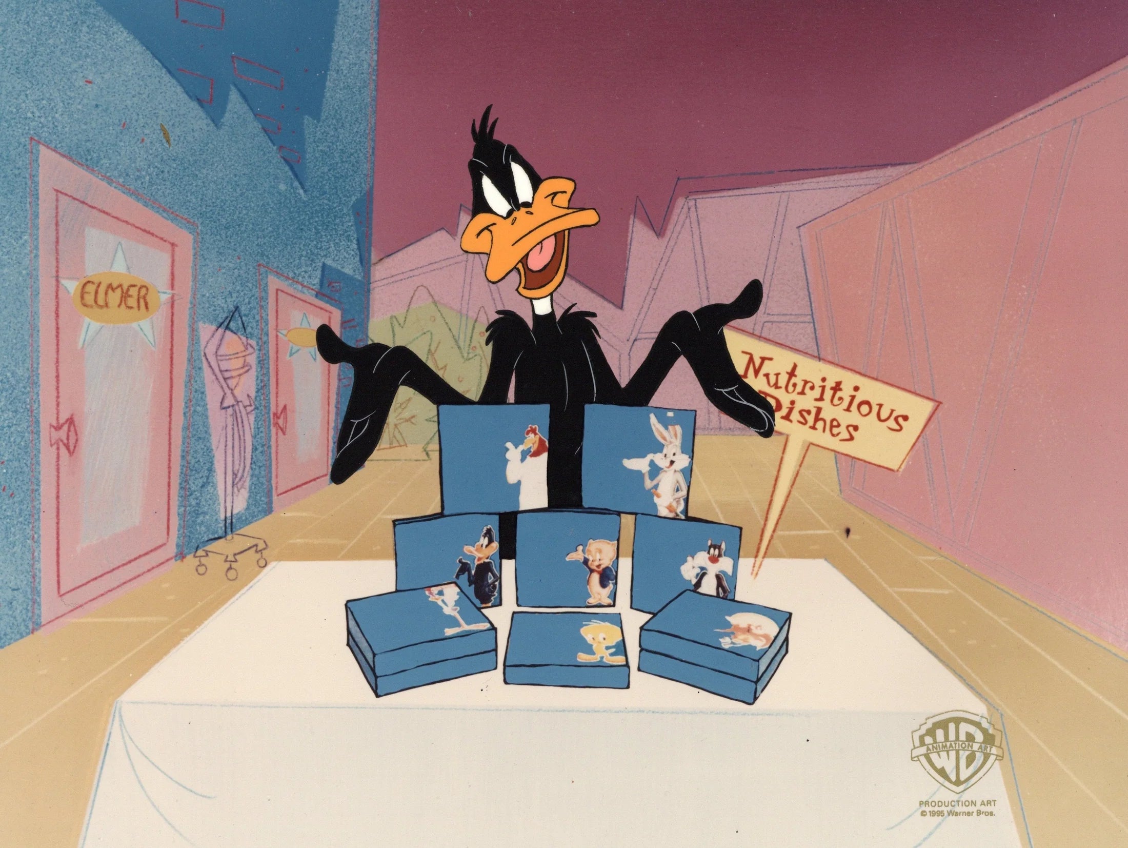 Daffy Duck selling nutritious dishes in boxes